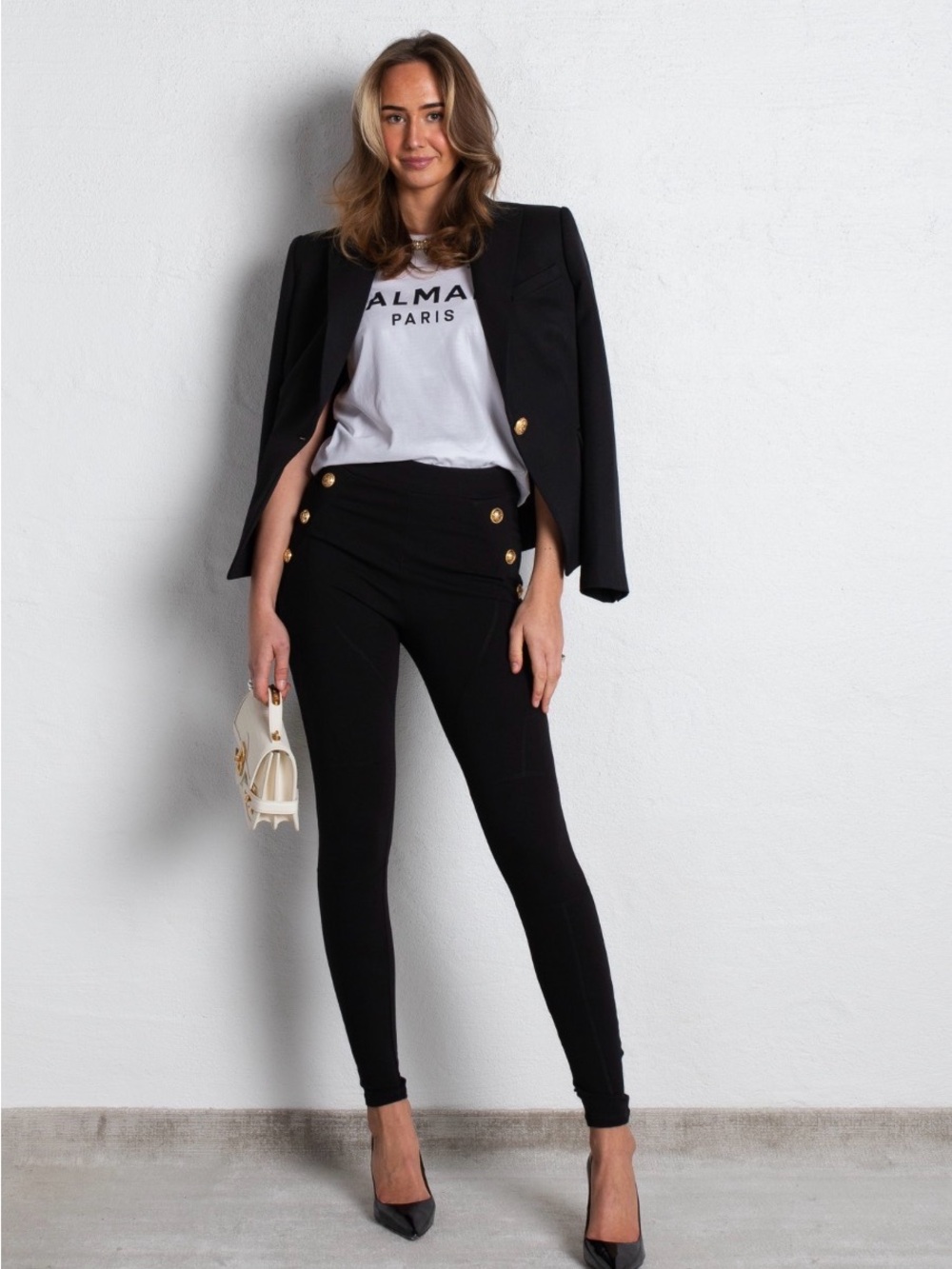 Balmain Black High-Waist Skinny Ponte Pants with Gold Buttons